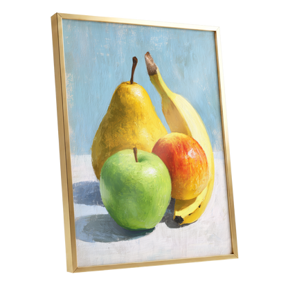 Sunlit Fruit Study, blue, yellow, green nature wall art shown as a gold framed poster wall art print
