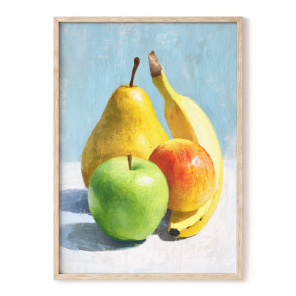 Sunlit Fruit Study, blue, yellow, green nature wall art, front artwork view