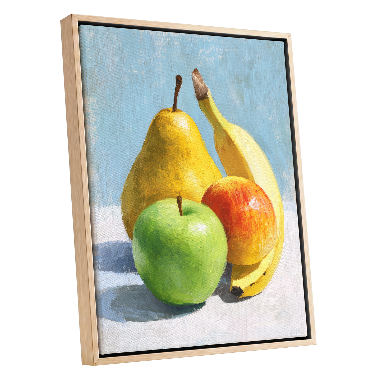 Sunlit Fruit Study, blue, yellow, green nature wall art shown as a oak framed canvas wall art