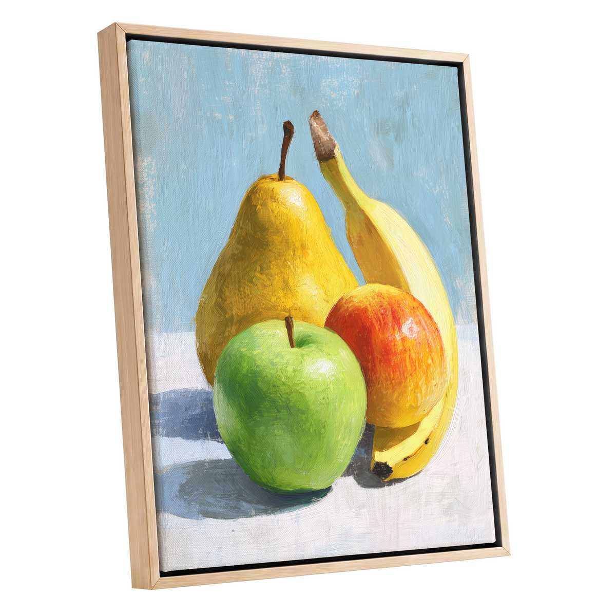 Sunlit Fruit Study, blue, yellow, green nature wall art shown as a oak framed canvas wall art