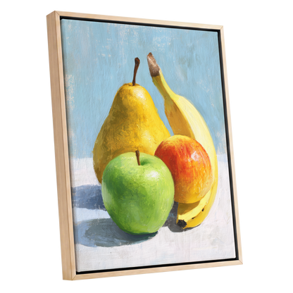 Sunlit Fruit Study, blue, yellow, green nature wall art shown as a oak framed canvas wall art