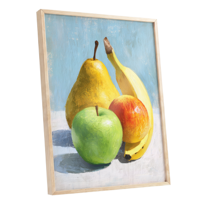 Sunlit Fruit Study, blue, yellow, green nature wall art shown as a oak framed poster wall art print