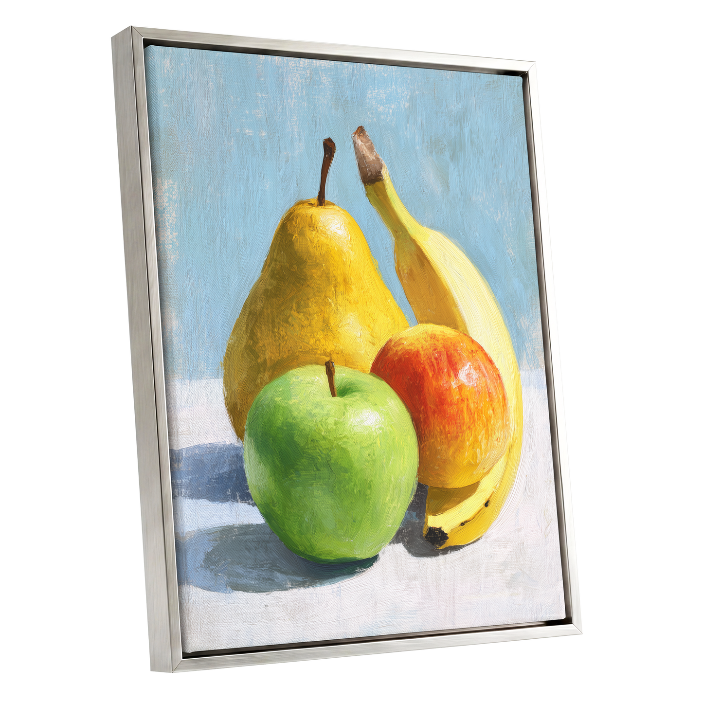 Sunlit Fruit Study, blue, yellow, green nature wall art shown as a silver framed canvas wall art