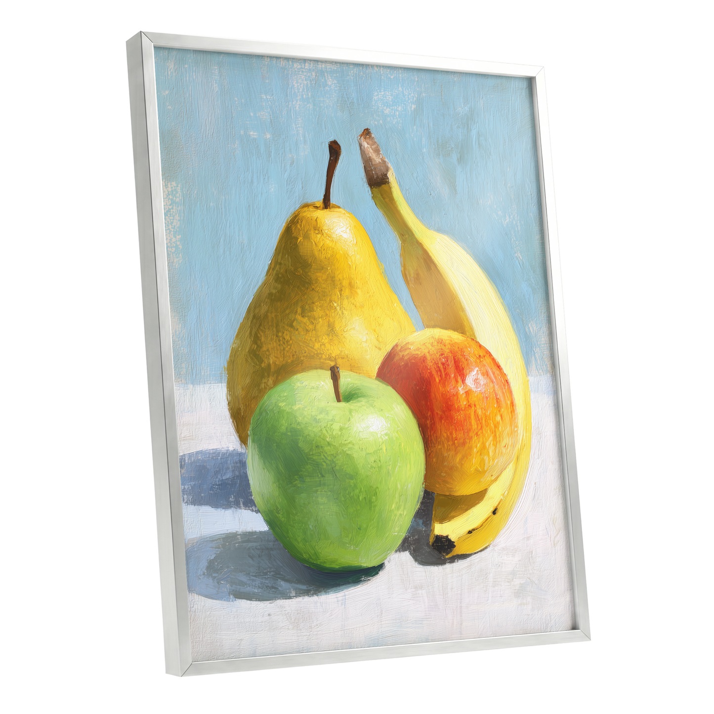 Sunlit Fruit Study, blue, yellow, green nature wall art shown as a silver framed poster wall art print