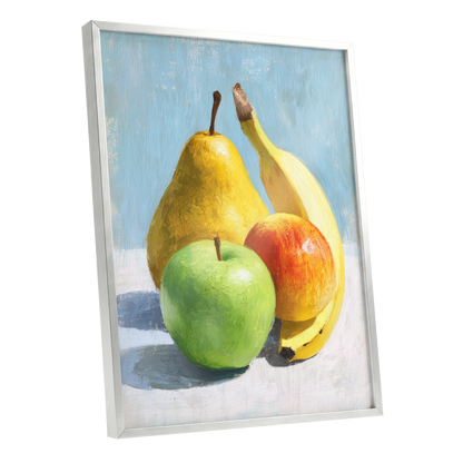 Sunlit Fruit Study, blue, yellow, green nature wall art shown as a silver framed poster wall art print