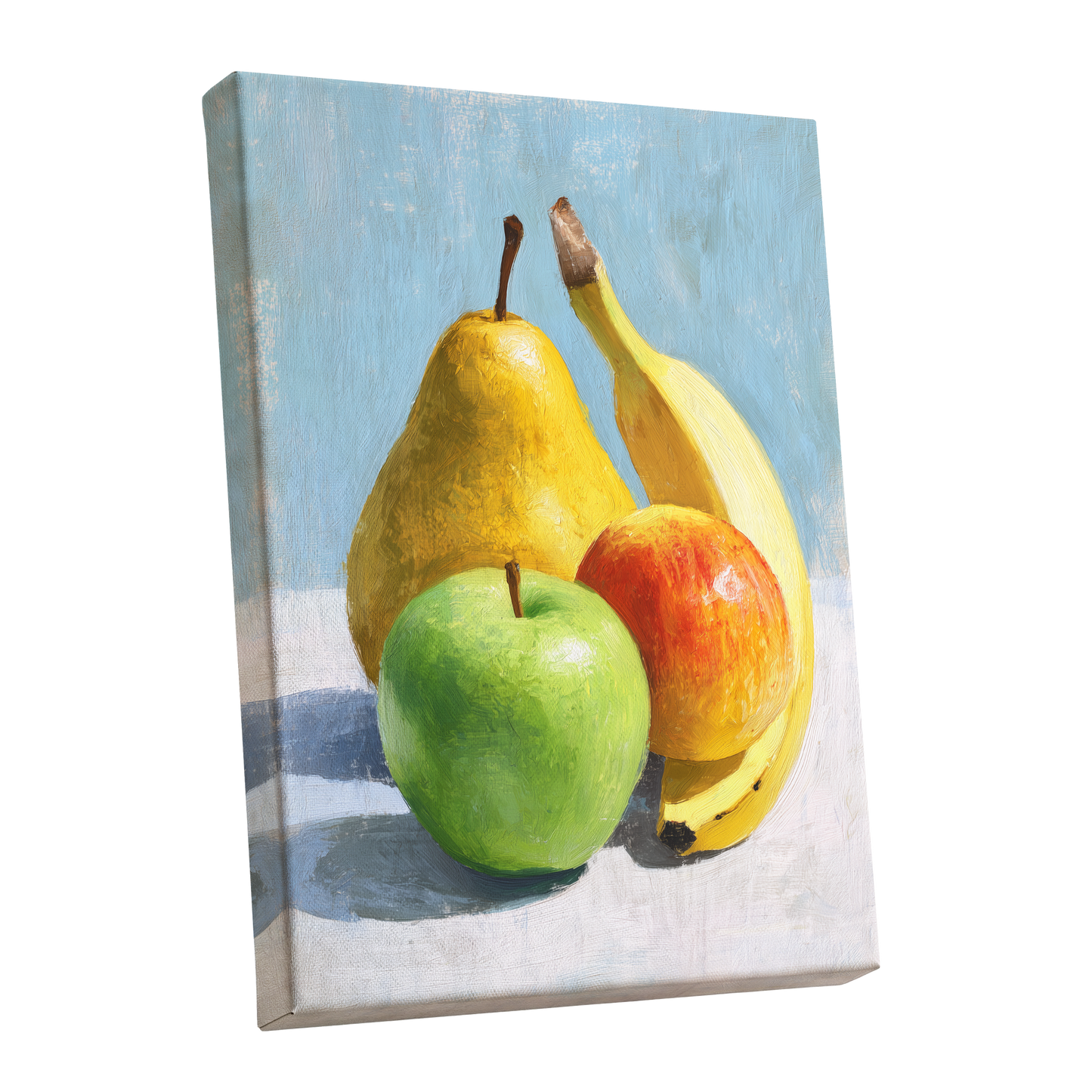 Sunlit Fruit Study, blue, yellow, green nature wall art shown as a stretched canvas wall art