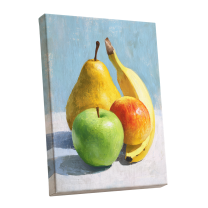 Sunlit Fruit Study, blue, yellow, green nature wall art shown as a stretched canvas wall art