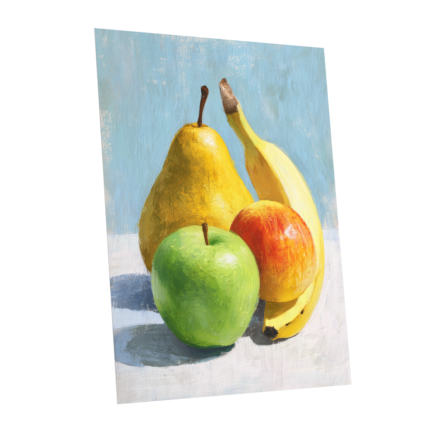 Sunlit Fruit Study, blue, yellow, green nature wall art shown as a unframed poster wall art print