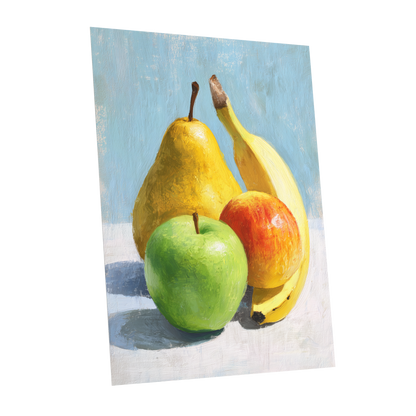 Sunlit Fruit Study, blue, yellow, green nature wall art shown as a unframed poster wall art print