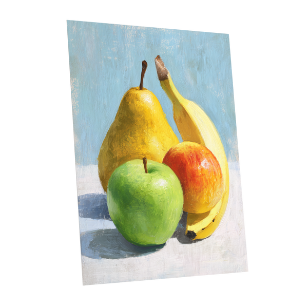 Sunlit Fruit Study, blue, yellow, green nature wall art shown as a unframed poster wall art print