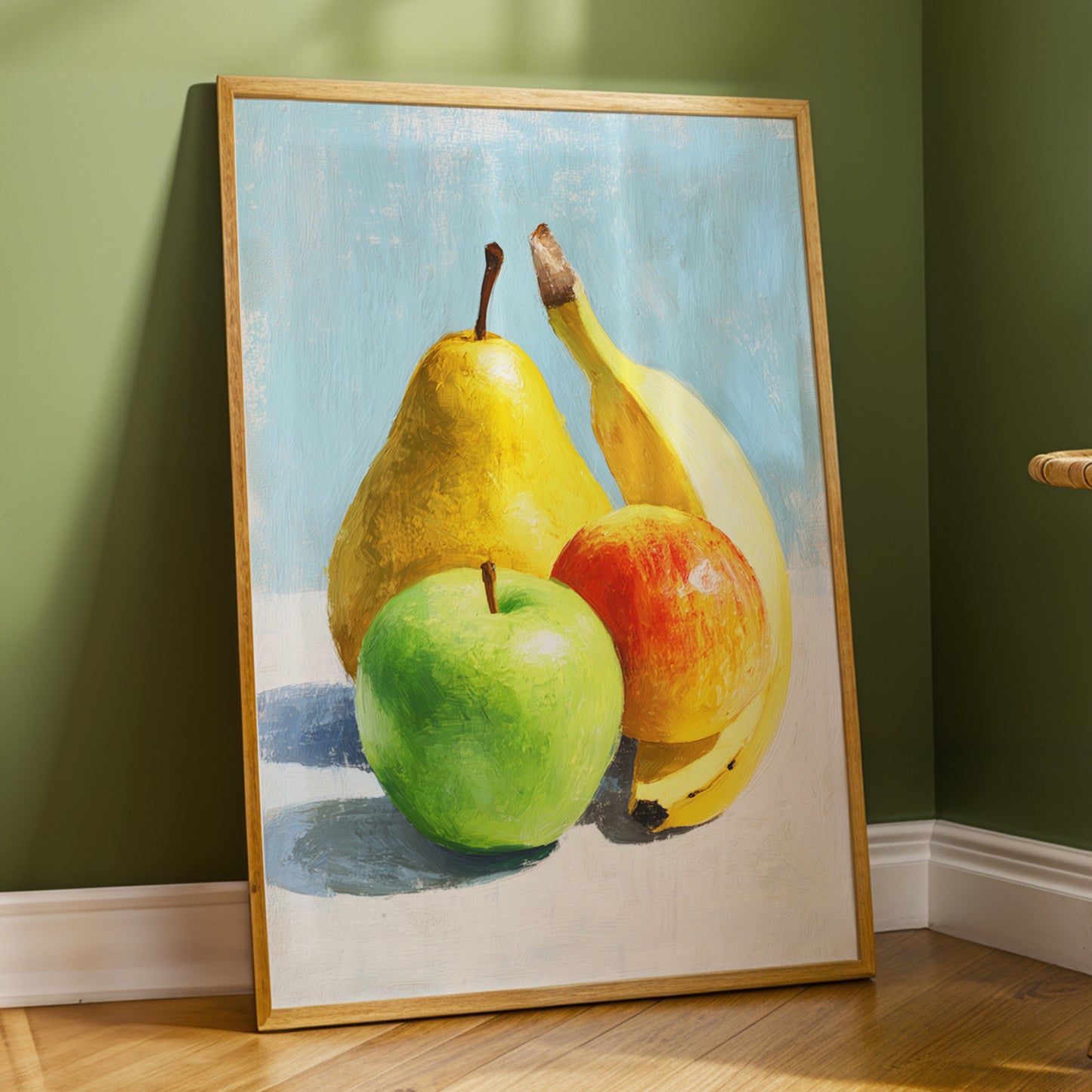 Sunlit Fruit Study, blue, yellow, green nature wall art displayed in a styled interior, gallery view 2