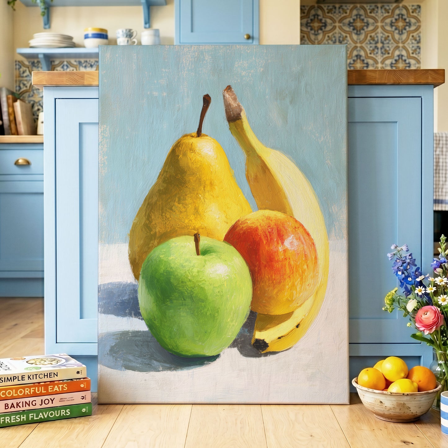 Sunlit Fruit Study, blue, yellow, green nature wall art displayed in a styled interior, gallery view 3