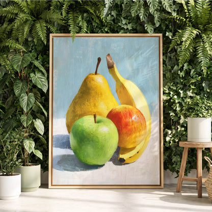Sunlit Fruit Study, blue, yellow, green nature wall art displayed in a styled interior, gallery view 4