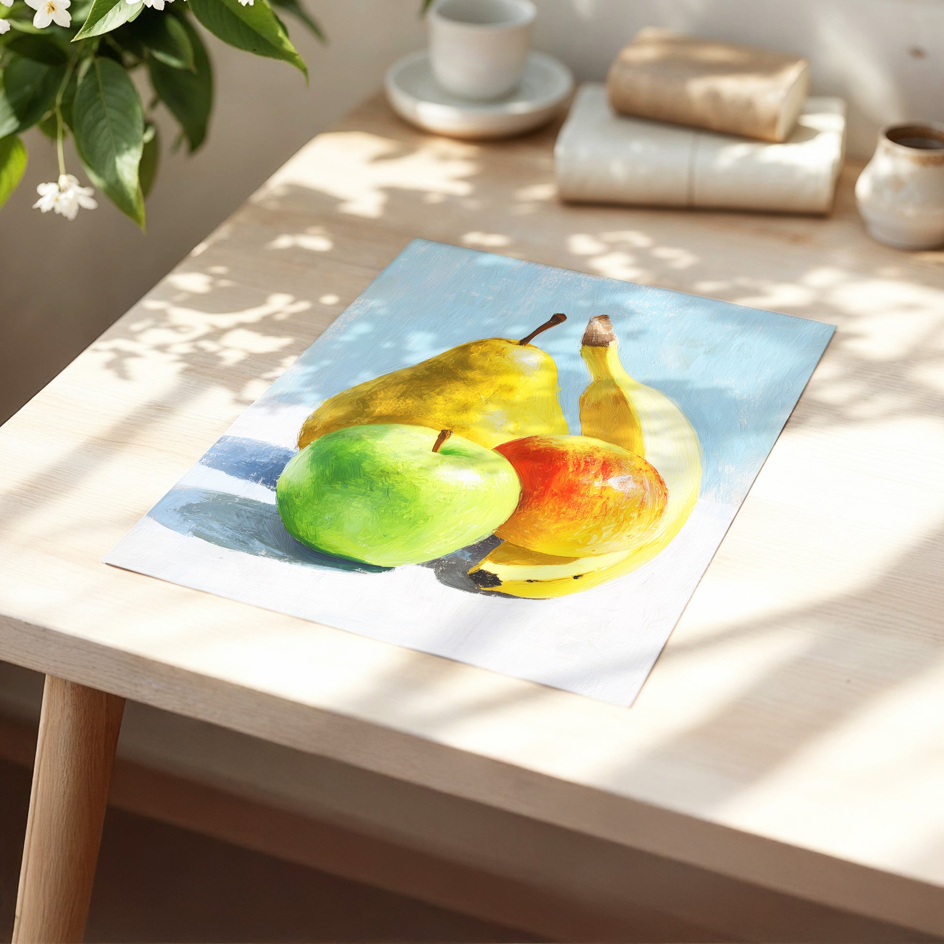 Sunlit Fruit Study, blue, yellow, green nature wall art displayed in a styled interior, gallery view 5