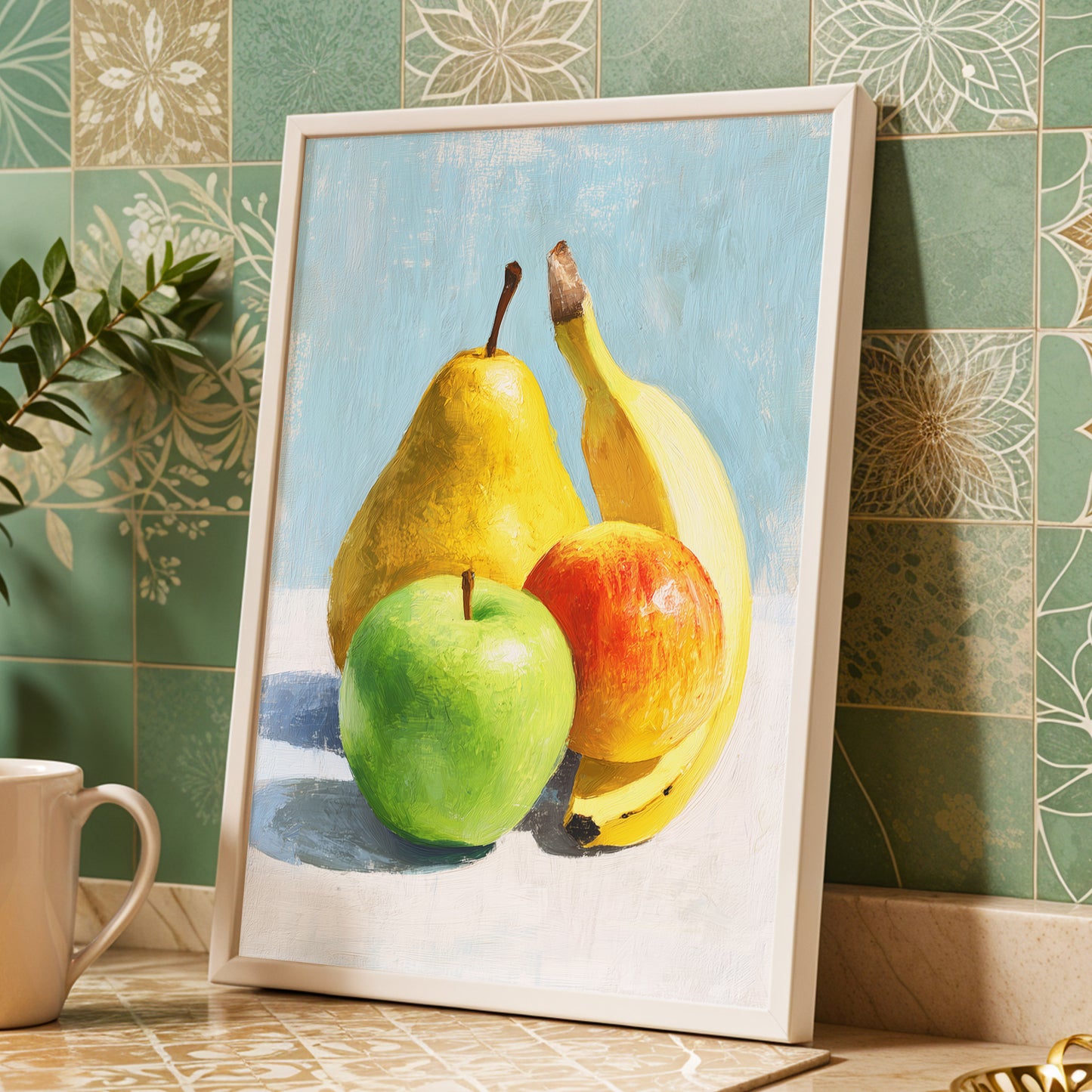 Sunlit Fruit Study, blue, yellow, green nature wall art displayed in a styled interior, gallery view 6