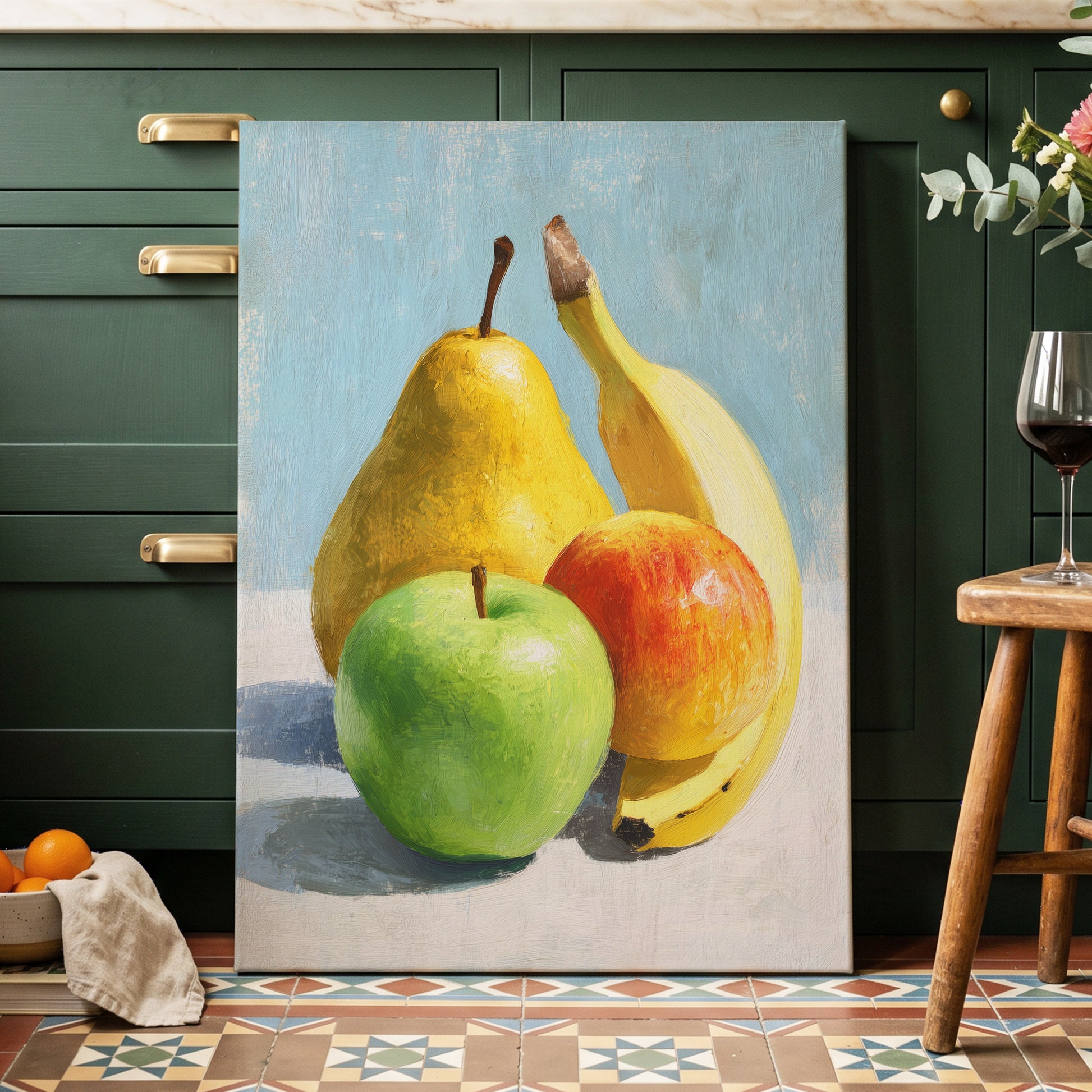 Sunlit Fruit Study, blue, yellow, green nature wall art displayed in a styled interior, gallery view 7