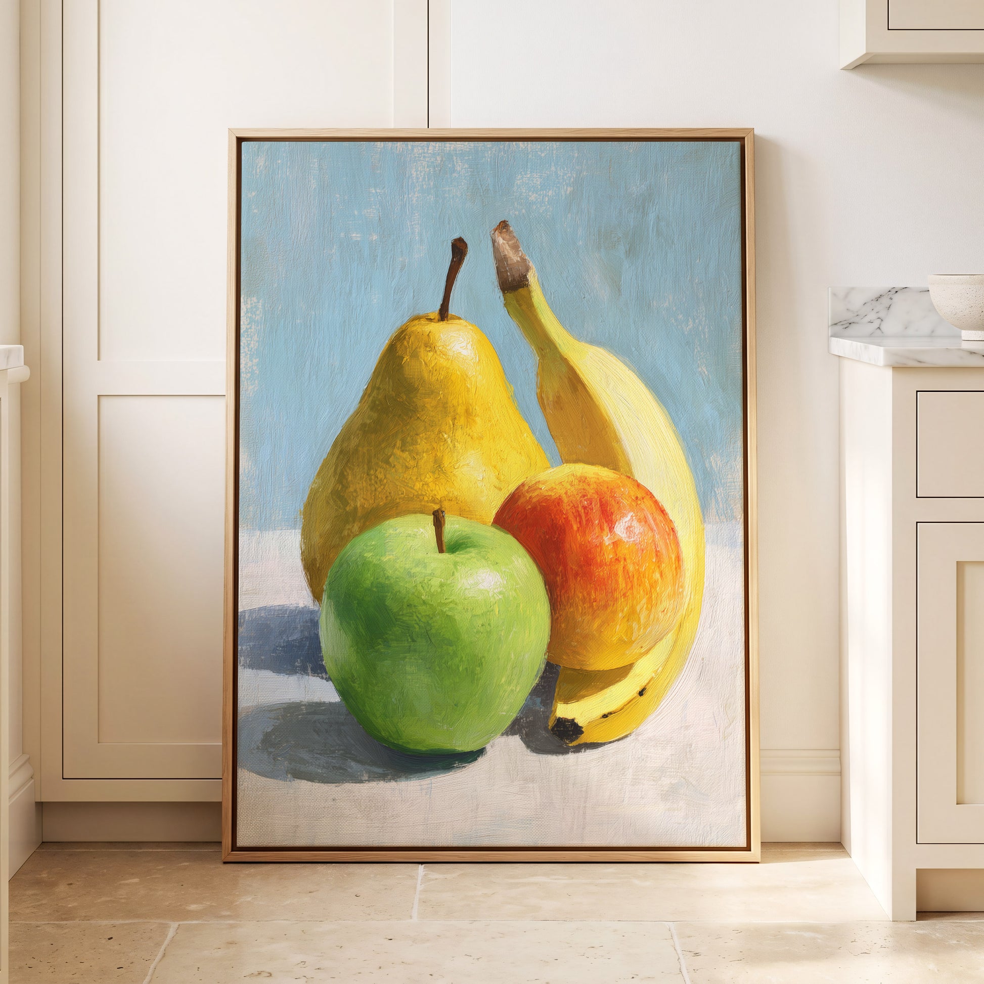 Sunlit Fruit Study, blue, yellow, green nature wall art displayed in a styled interior, gallery view 8