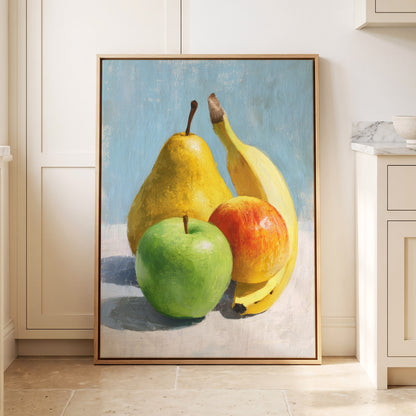 Sunlit Fruit Study, blue, yellow, green nature wall art displayed in a styled interior, gallery view 8