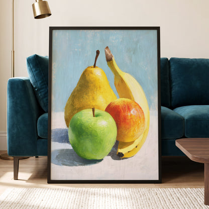 Sunlit Fruit Study, blue, yellow, green nature wall art displayed in a styled interior, gallery view 9