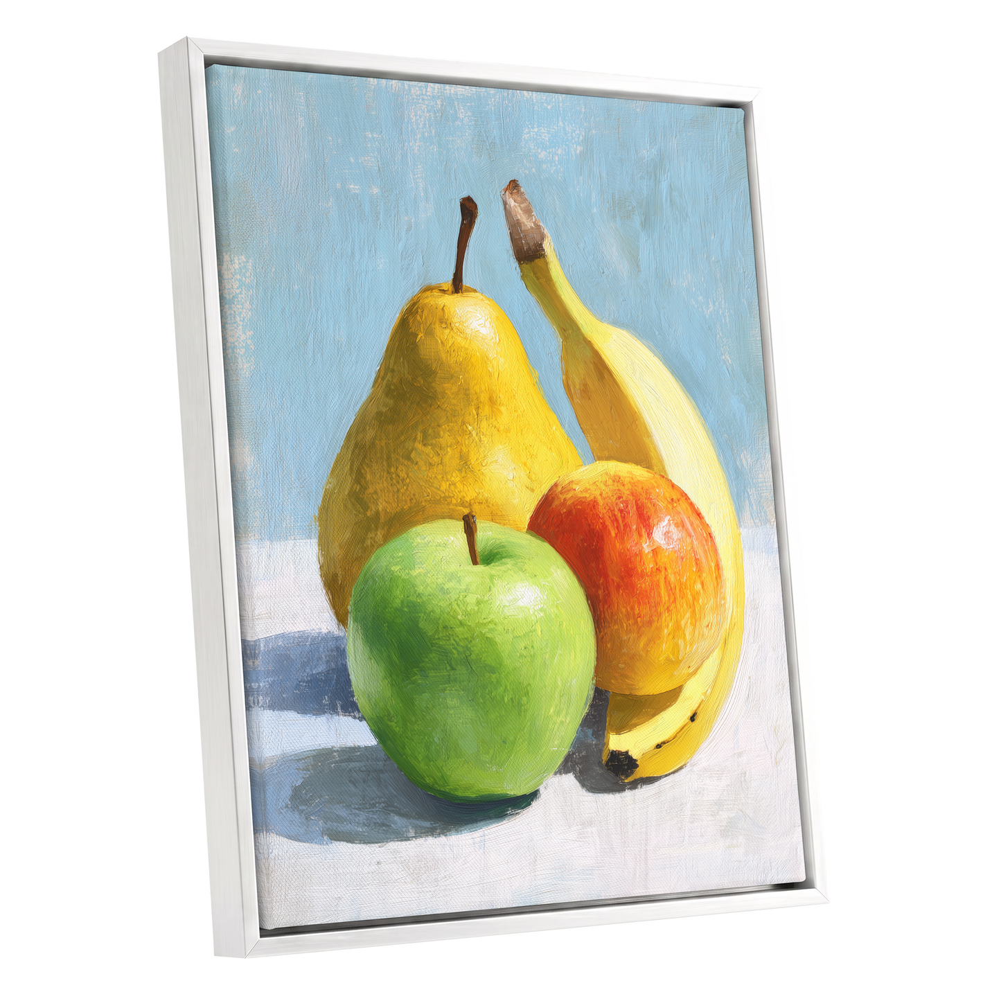 Sunlit Fruit Study, blue, yellow, green nature wall art shown as a white framed canvas wall art