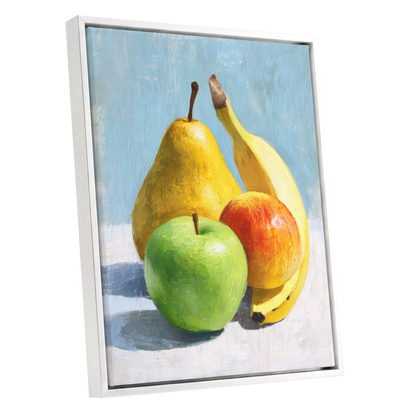 Sunlit Fruit Study, blue, yellow, green nature wall art shown as a white framed canvas wall art