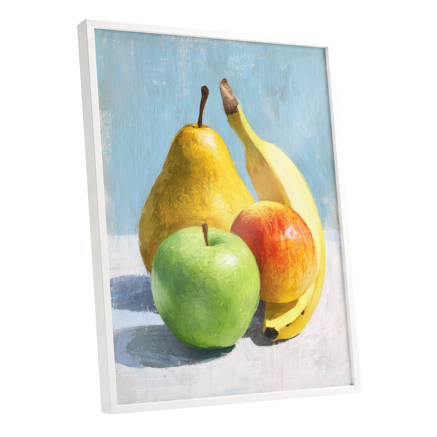 Sunlit Fruit Study, blue, yellow, green nature wall art shown as a white framed poster wall art print