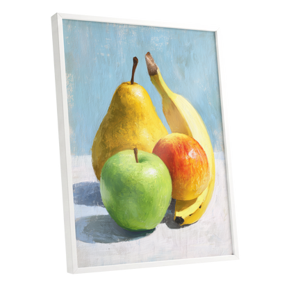 Sunlit Fruit Study, blue, yellow, green nature wall art shown as a white framed poster wall art print