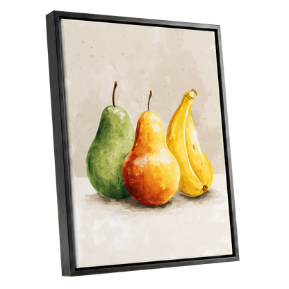 Sunlit Fruit Trio, green, beige, yellow nature wall art shown as a black framed canvas wall art