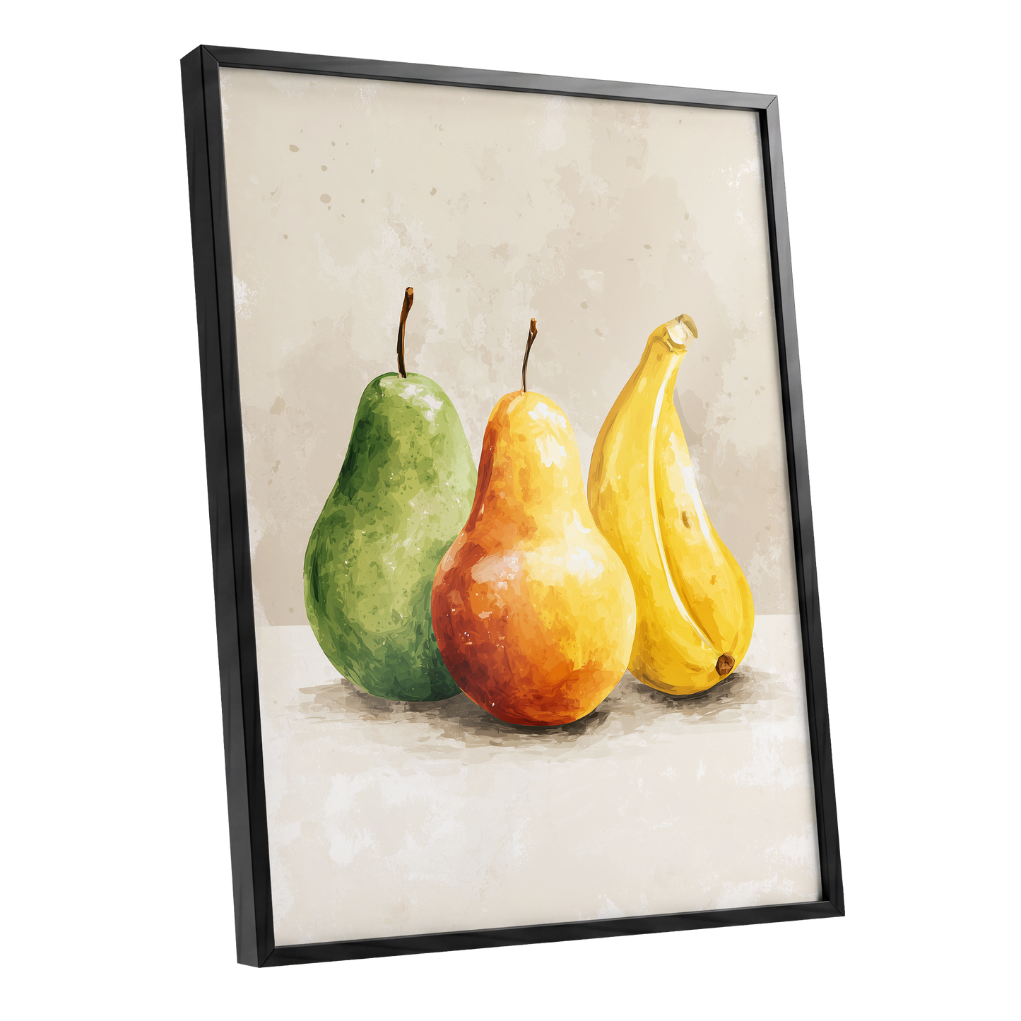 Sunlit Fruit Trio, green, beige, yellow nature wall art shown as a black framed poster wall art print