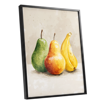 Sunlit Fruit Trio, green, beige, yellow nature wall art shown as a black framed poster wall art print
