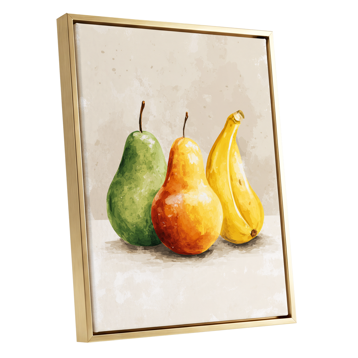 Sunlit Fruit Trio, green, beige, yellow nature wall art shown as a gold framed canvas wall art
