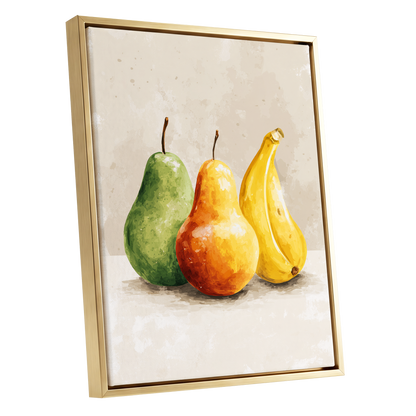 Sunlit Fruit Trio, green, beige, yellow nature wall art shown as a gold framed canvas wall art