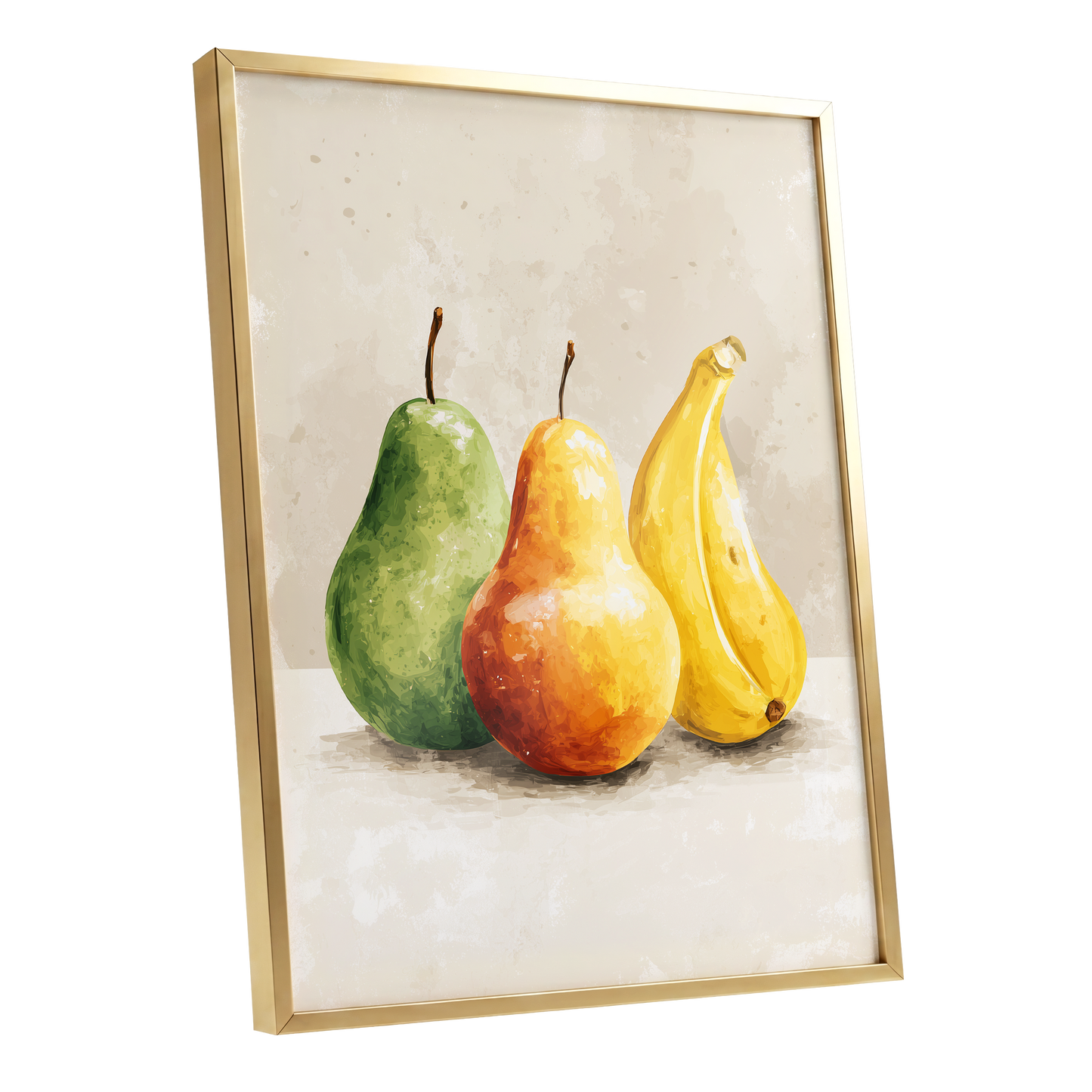 Sunlit Fruit Trio, green, beige, yellow nature wall art shown as a gold framed poster wall art print