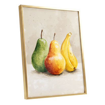 Sunlit Fruit Trio, green, beige, yellow nature wall art shown as a gold framed poster wall art print