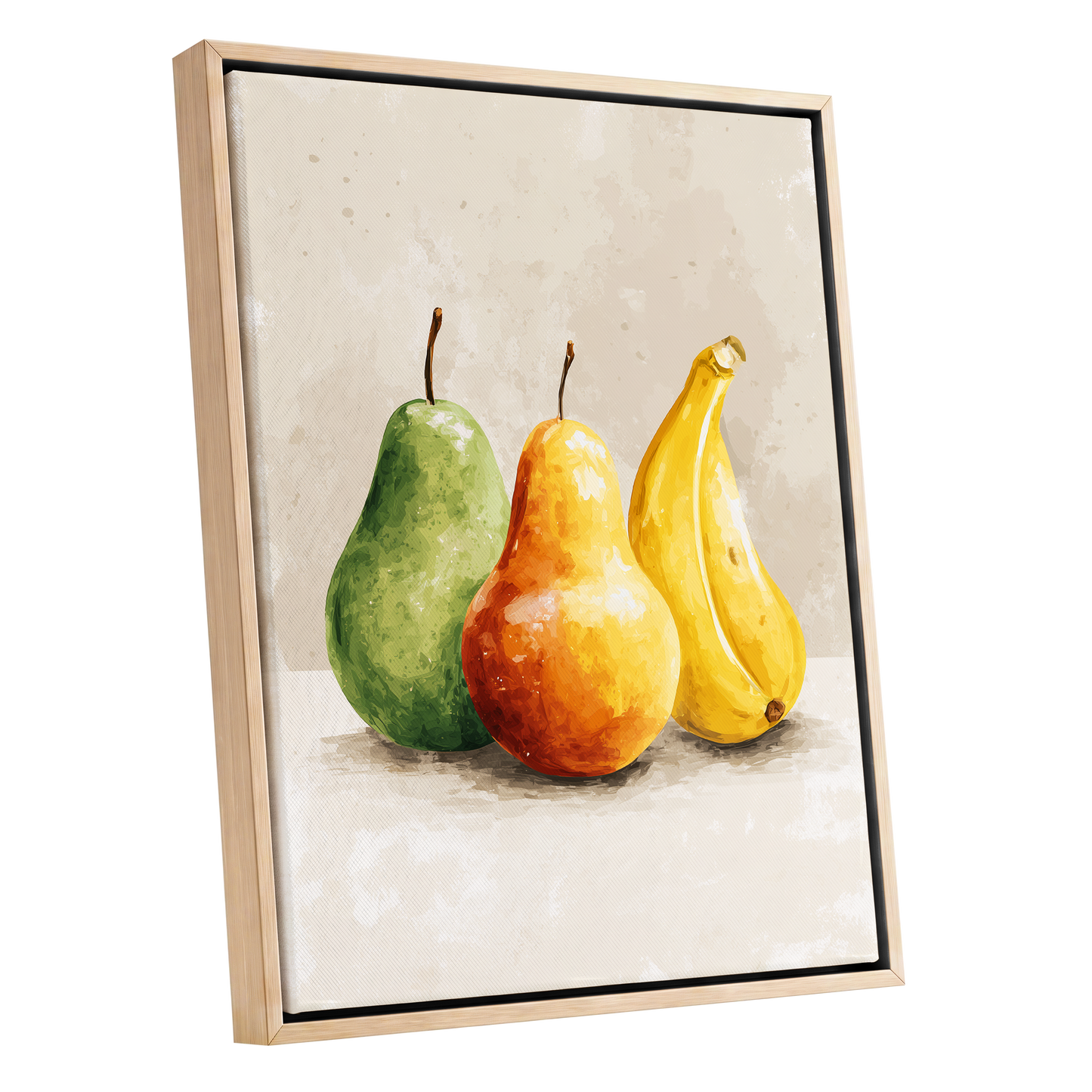 Sunlit Fruit Trio, green, beige, yellow nature wall art shown as a oak framed canvas wall art