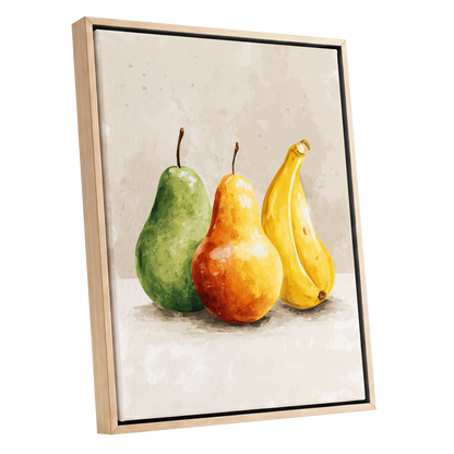 Sunlit Fruit Trio, green, beige, yellow nature wall art shown as a oak framed canvas wall art