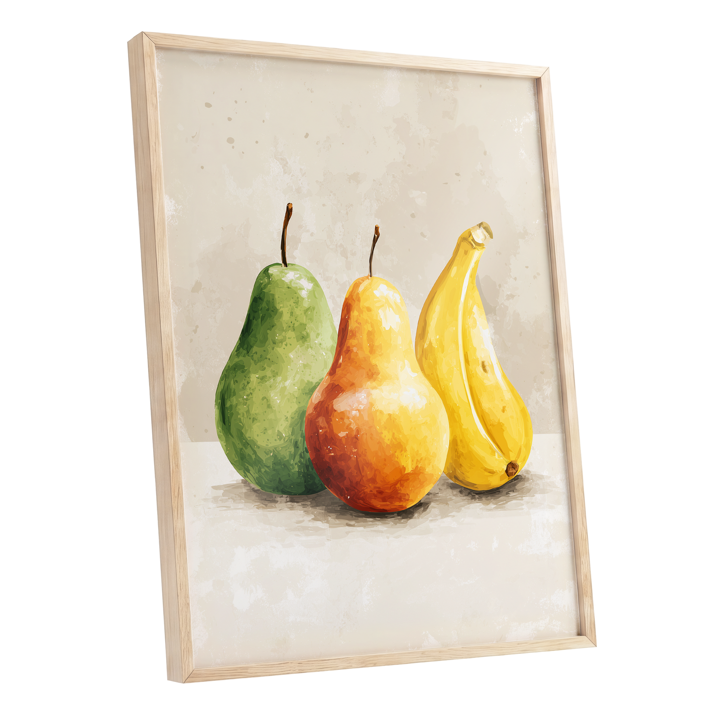 Sunlit Fruit Trio, green, beige, yellow nature wall art shown as a oak framed poster wall art print