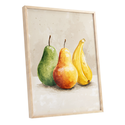 Sunlit Fruit Trio, green, beige, yellow nature wall art shown as a oak framed poster wall art print