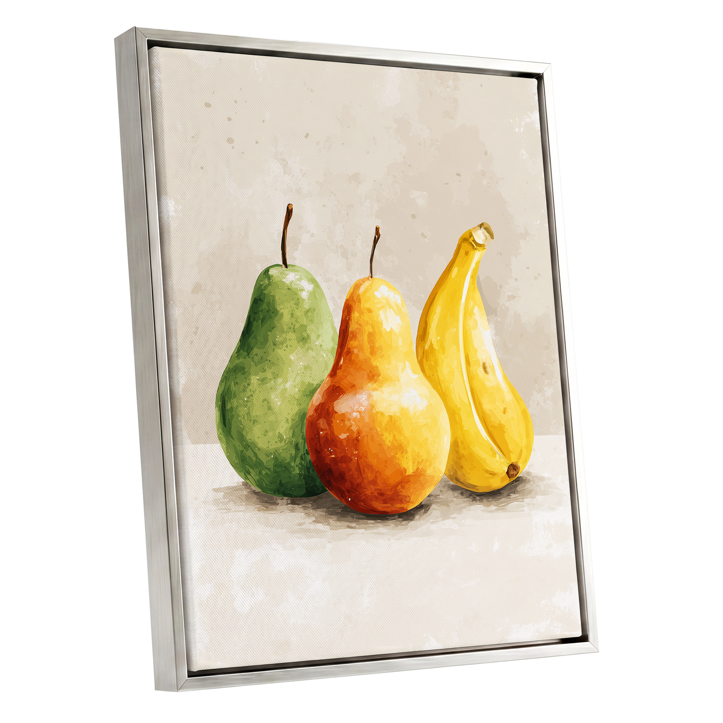 Sunlit Fruit Trio, green, beige, yellow nature wall art shown as a silver framed canvas wall art