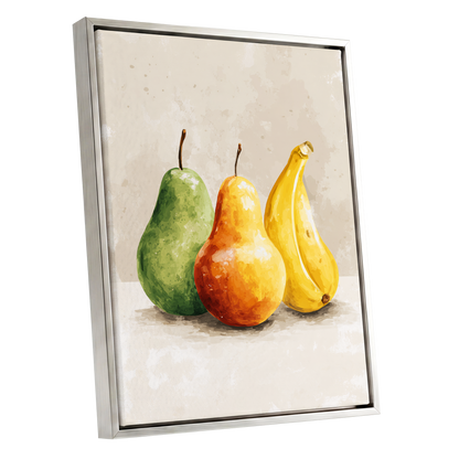Sunlit Fruit Trio, green, beige, yellow nature wall art shown as a silver framed canvas wall art