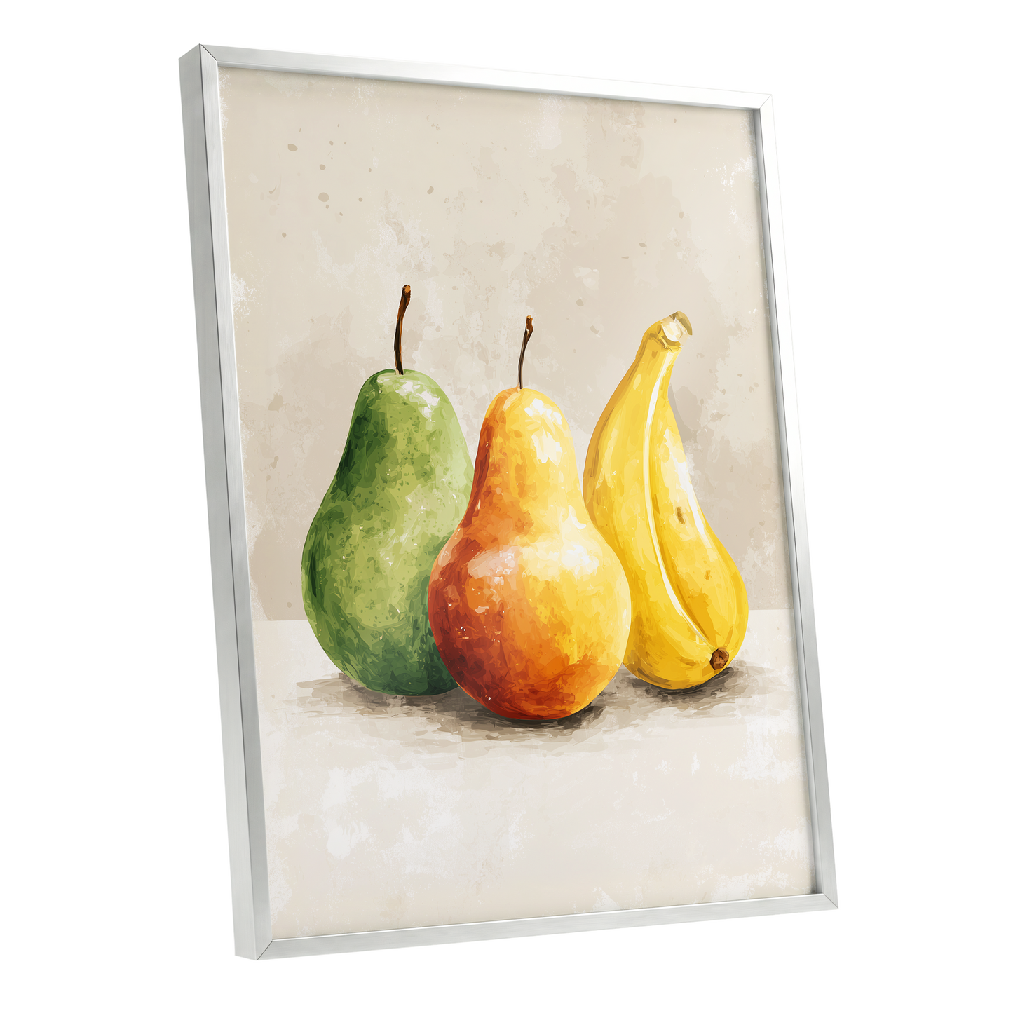 Sunlit Fruit Trio, green, beige, yellow nature wall art shown as a silver framed poster wall art print