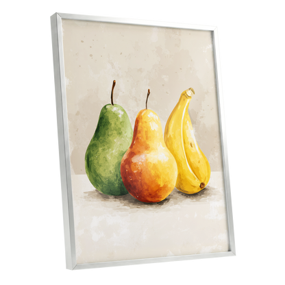 Sunlit Fruit Trio, green, beige, yellow nature wall art shown as a silver framed poster wall art print