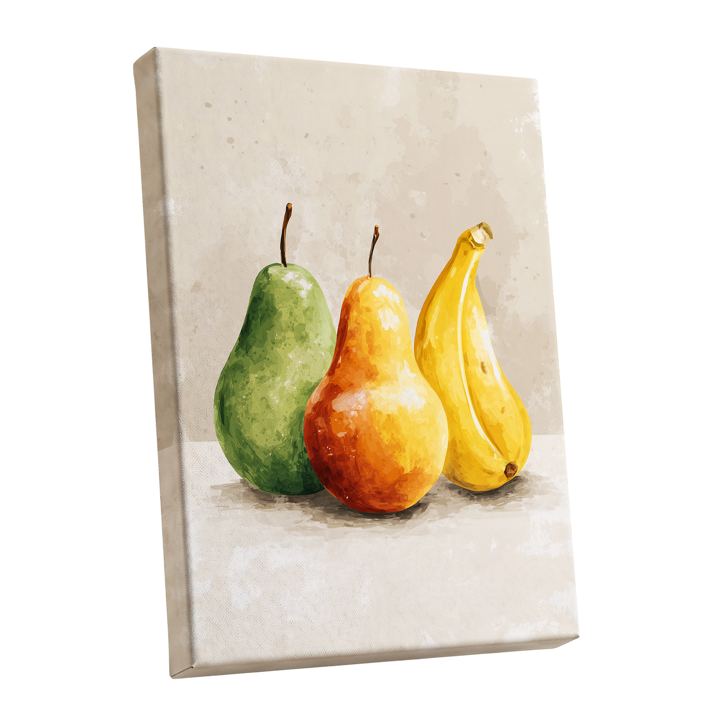Sunlit Fruit Trio, green, beige, yellow nature wall art shown as a stretched canvas wall art