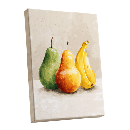 Sunlit Fruit Trio, green, beige, yellow nature wall art shown as a stretched canvas wall art