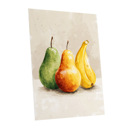 Sunlit Fruit Trio, green, beige, yellow nature wall art shown as a unframed poster wall art print