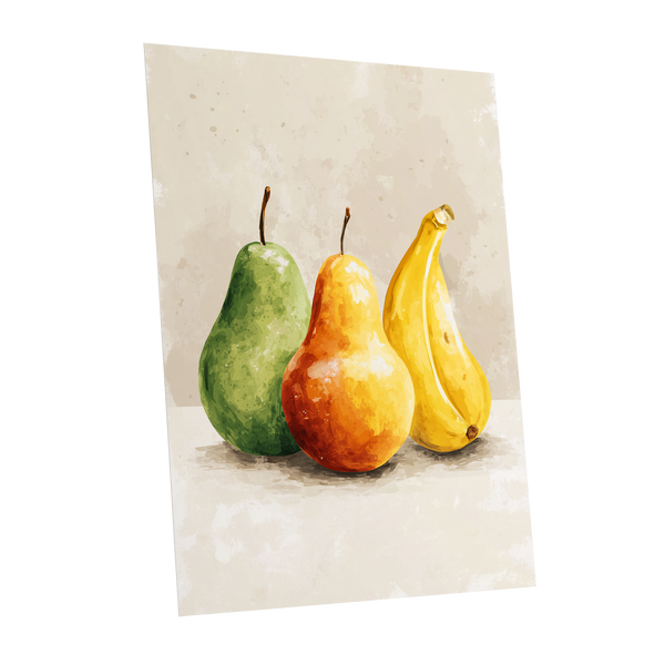 Sunlit Fruit Trio, green, beige, yellow nature wall art shown as a unframed poster wall art print