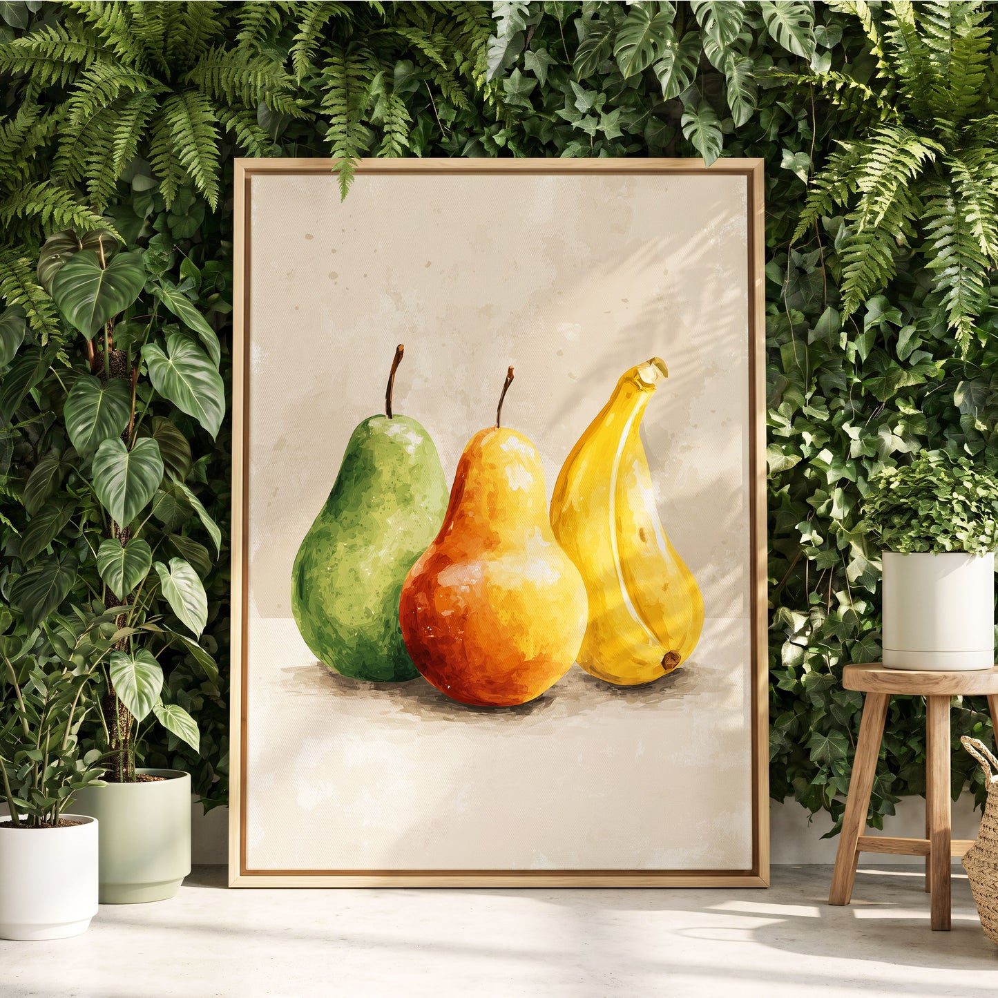 Sunlit Fruit Trio, green, beige, yellow nature wall art displayed in a styled interior, gallery view 4