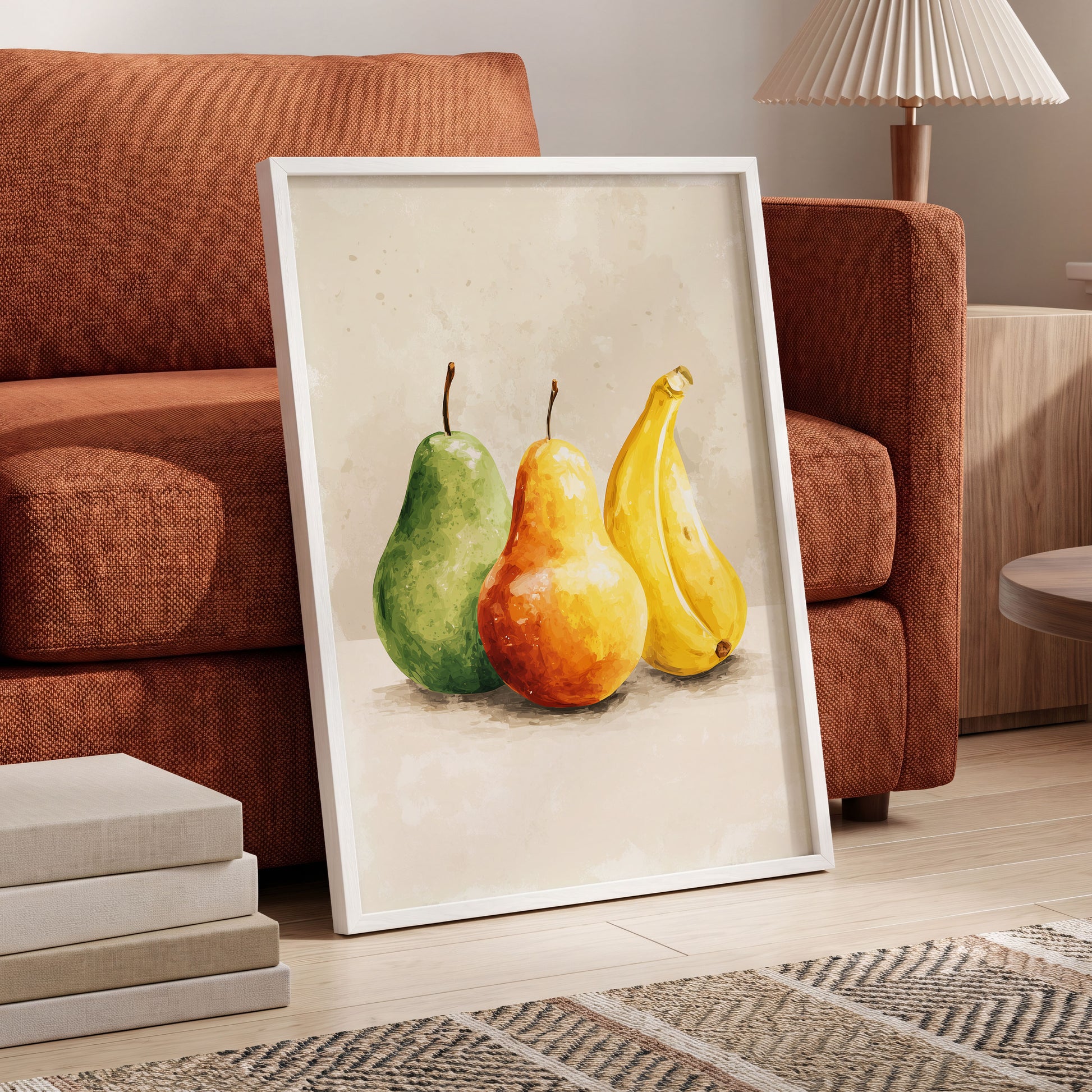 Sunlit Fruit Trio, green, beige, yellow nature wall art displayed in a styled interior, gallery view 6