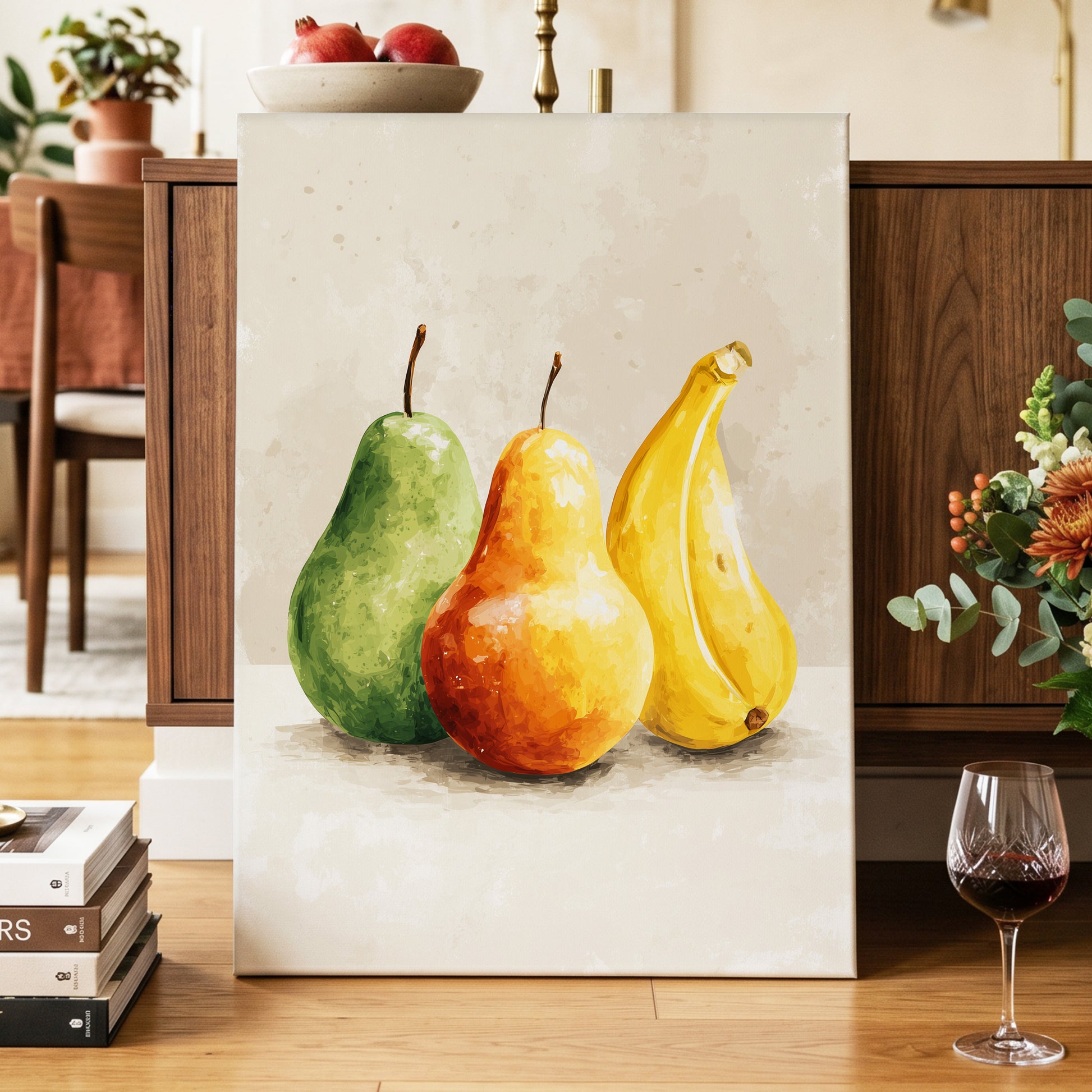 Sunlit Fruit Trio, green, beige, yellow nature wall art displayed in a styled interior, gallery view 7