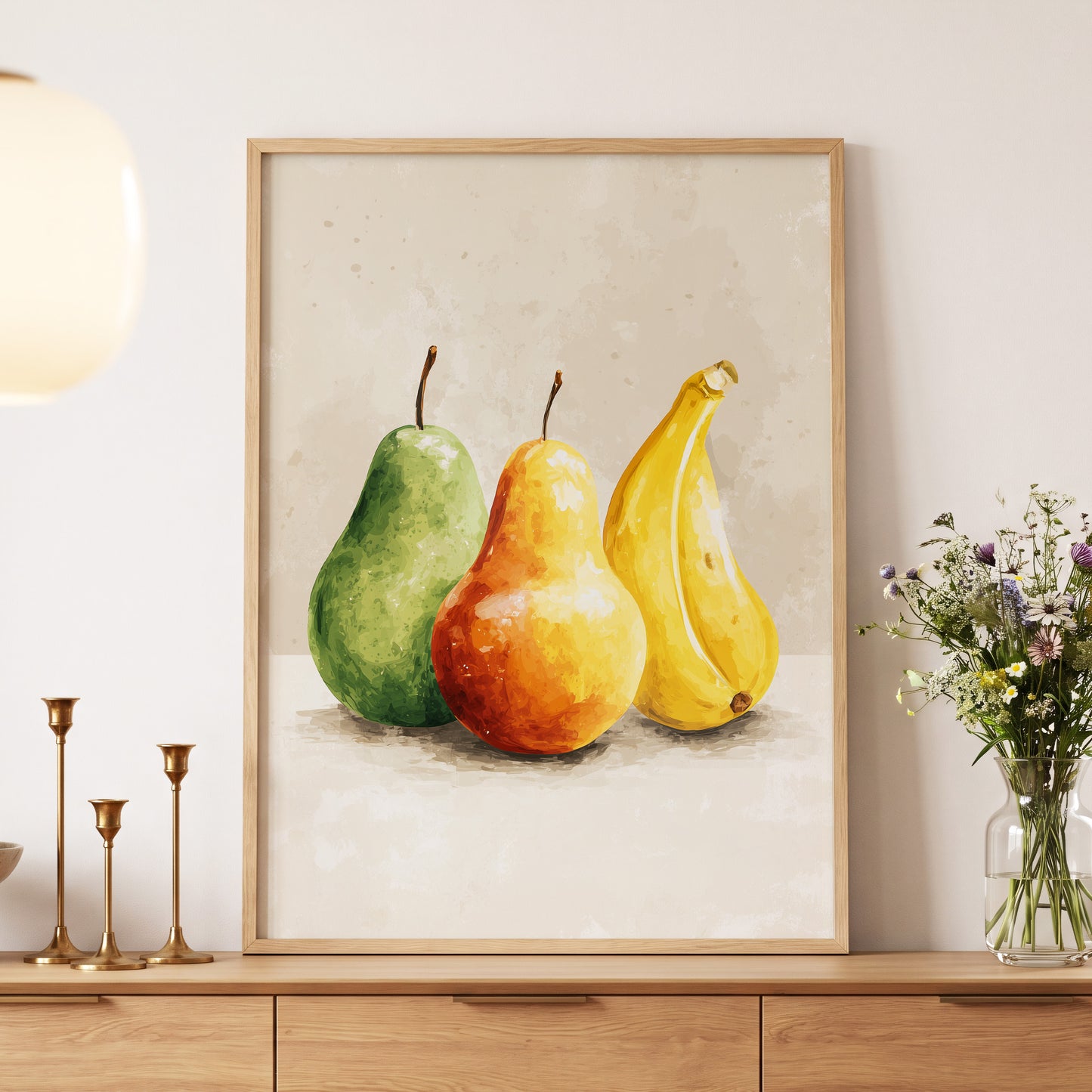 Sunlit Fruit Trio, green, beige, yellow nature wall art displayed in a styled interior, gallery view 9